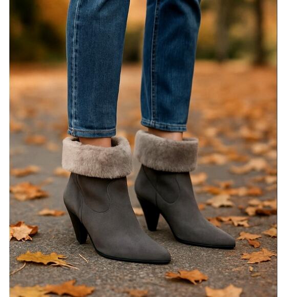 NIB! Sigerson Morrison 9.5 Suede Western Ankle Boots Shearling Cone Heels Gray - Picture 1 of 12